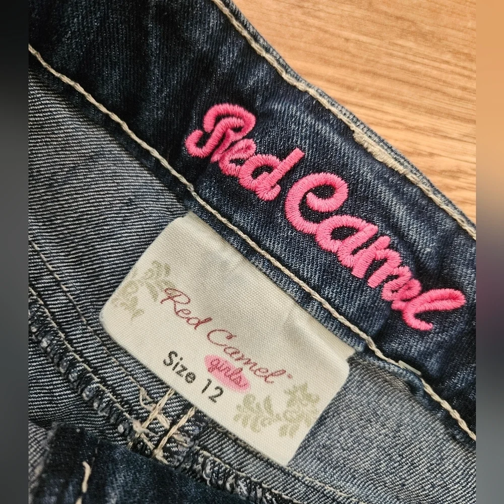 Red Camel Dark Blue Jean Shorts with Floral Embroidered Accents